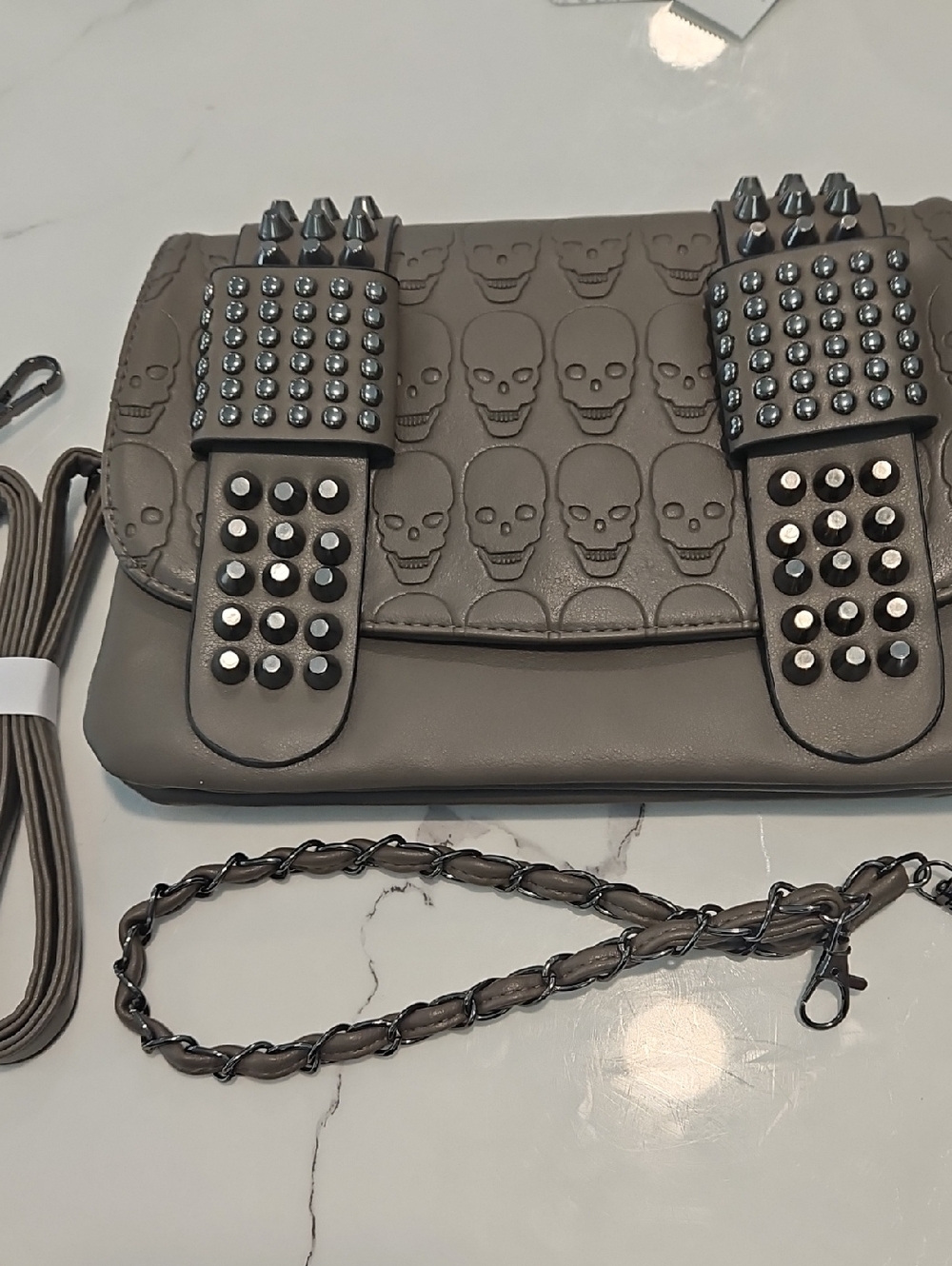 Studded Skull-Embossed Women’s Crossbody Bag - Gray